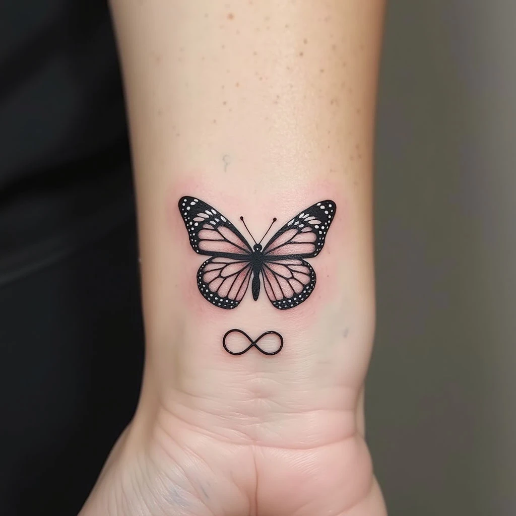 Delicate Butterfly and Infinity Symbol Wrist Tattoo