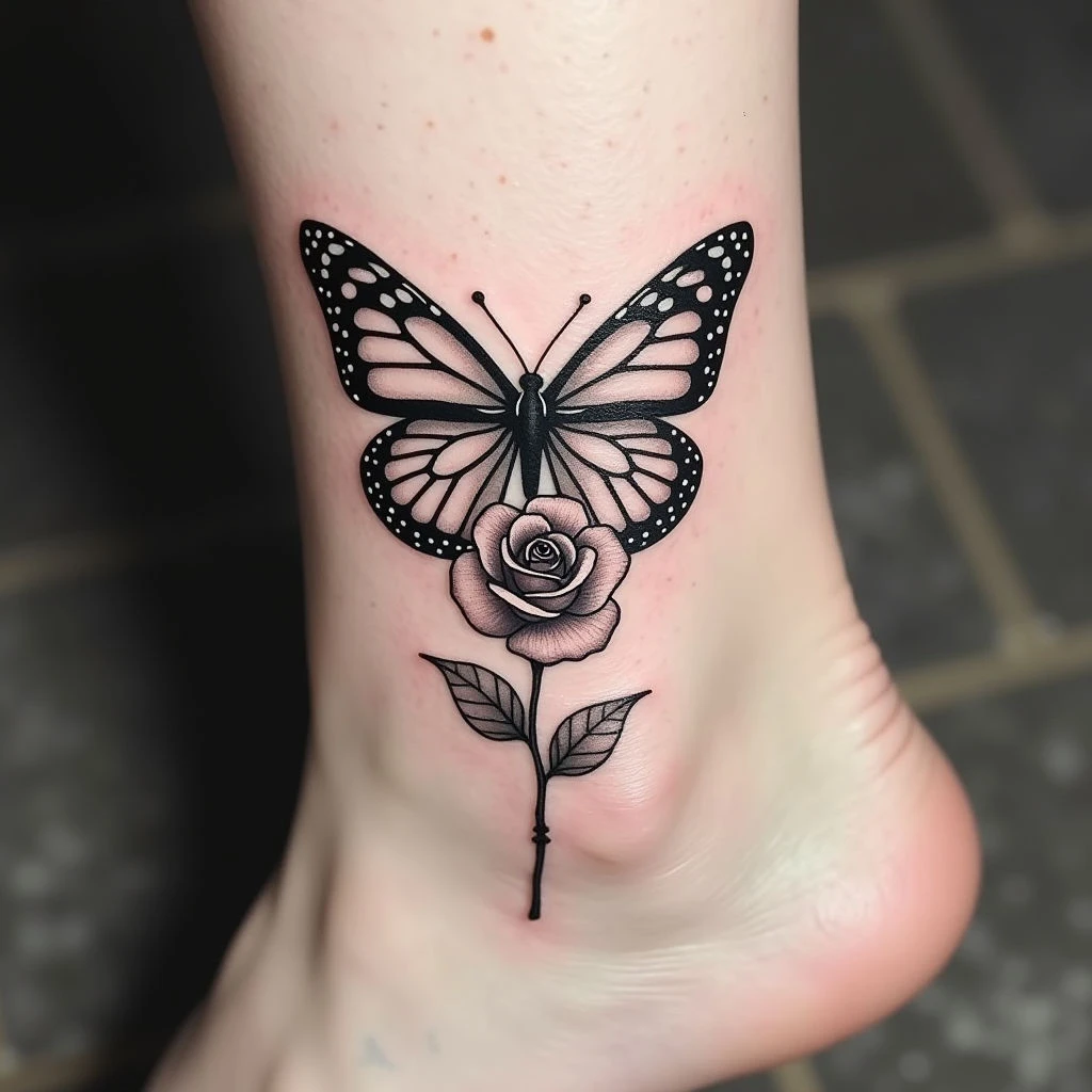 Delicate Butterfly and Rose Ankle Tattoo Design