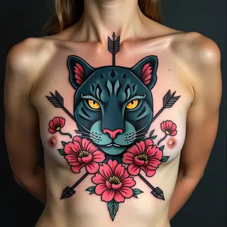 Panther and Floral Chest Tattoo: A Traditional Design