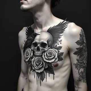 Dramatic Chest Tattoo: Skull, Roses & Raven Design