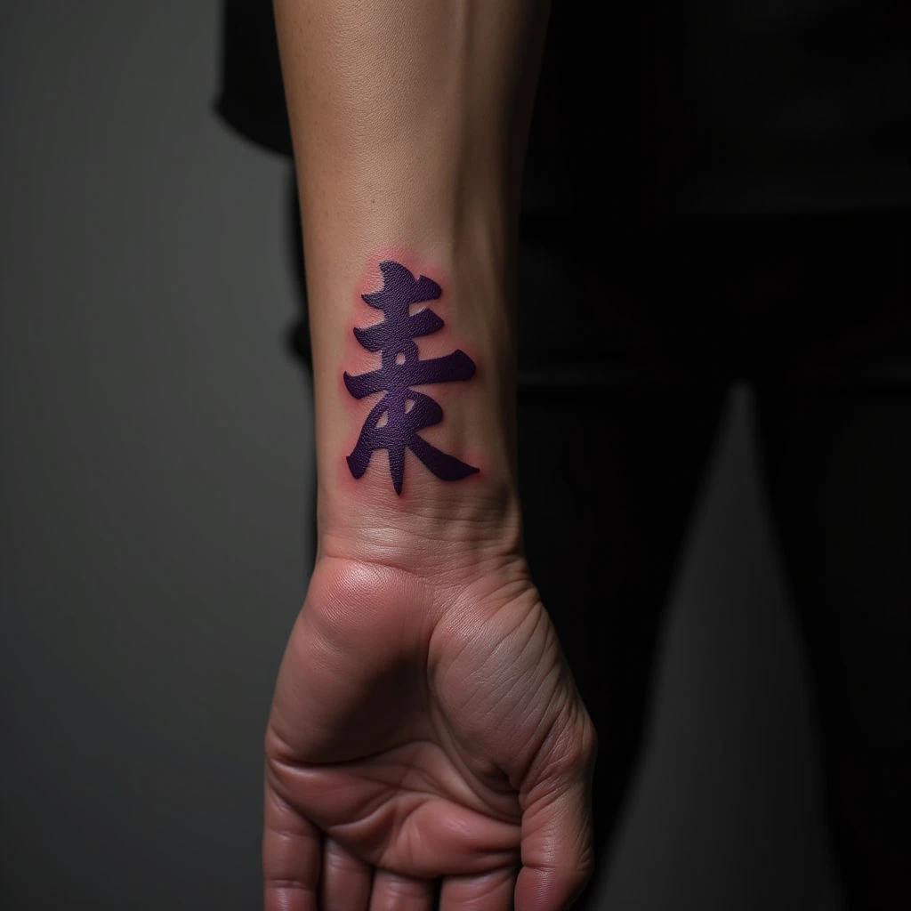 Elegant Chinese Symbol Tattoo on Wrist - Linework & Purple Ink