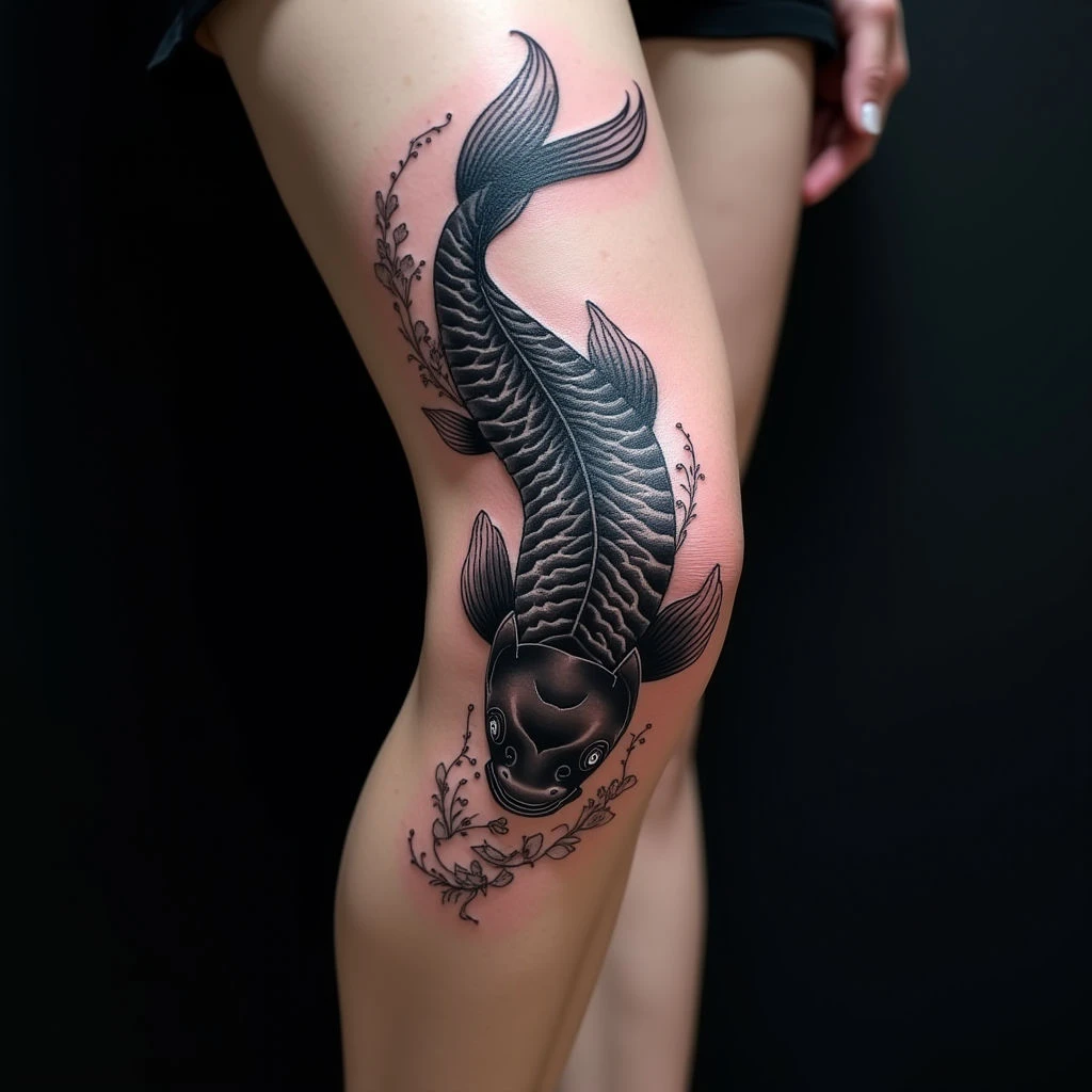 Black and Grey Koi Fish Tattoo Designs for Your Knee