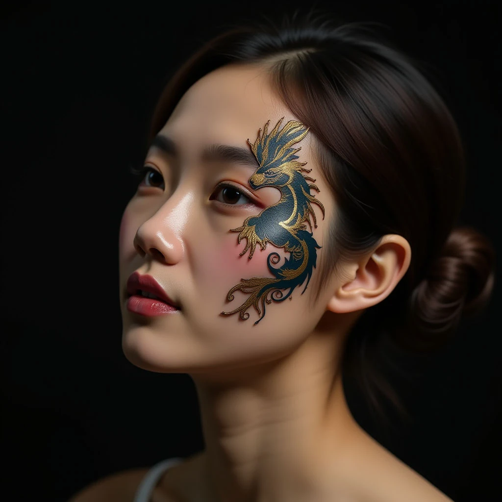 Majestic Dragon Face Tattoo: Fine Line Design in Blue and Gold