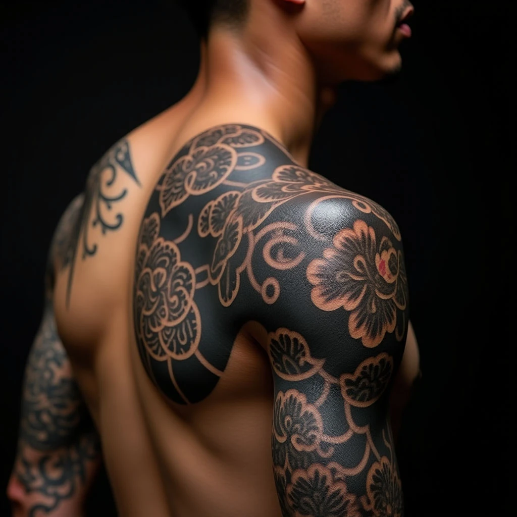 Gothic Japanese Words Tattoo on Shoulder - Black, Grey & Gold