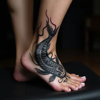 Japanese Koi Fish Tattoos on Foot: Tribal Black & Grey Designs