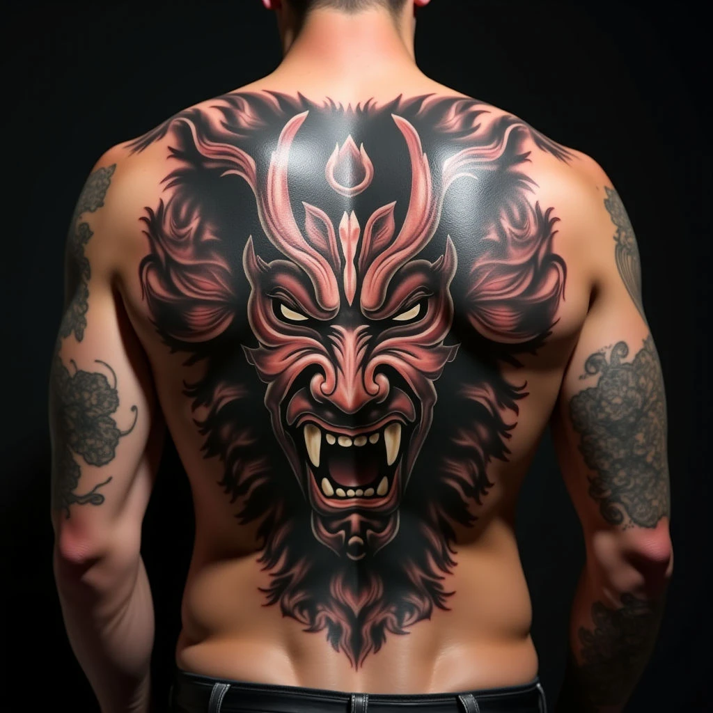 Intense Oni Mask Tattoo Ideas: Trash Polka Style on Back