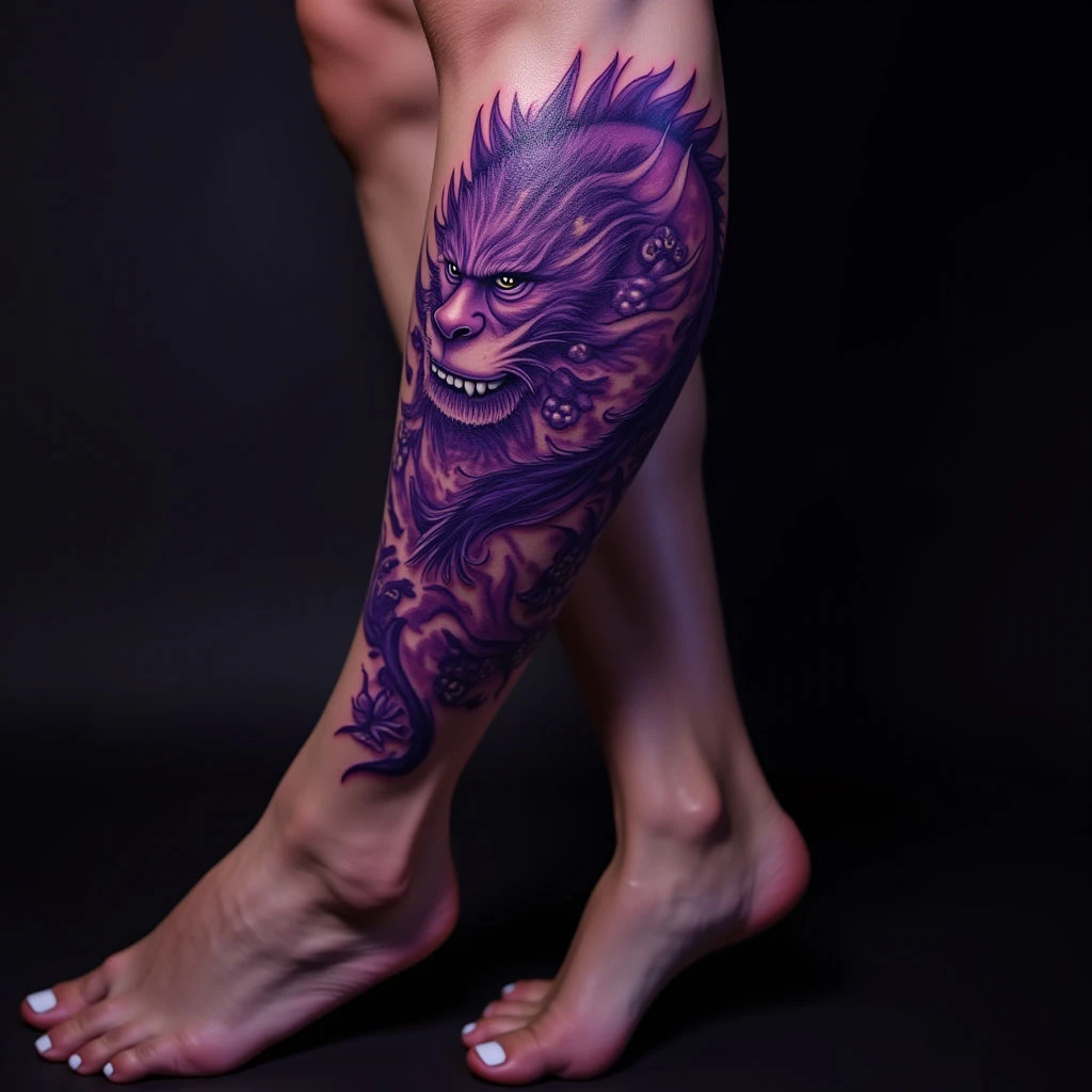 Surreal Japanese Dragon Tattoo on Calf - Purple Ink Design