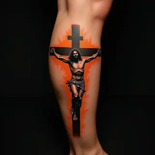 Surreal Christian Leg Tattoo Ideas in Orange Hues