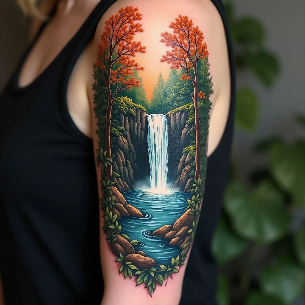 Vibrant Forest Waterfall Tattoo on Upper Arm