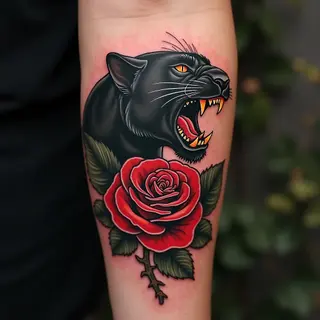 American Traditional Panther and Rose Tattoo