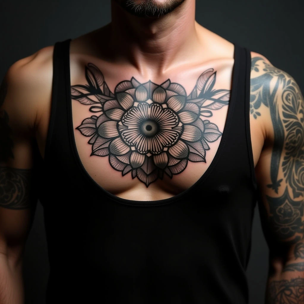 Covering Chest Tattoos with Stunning Grey Mandala Designs