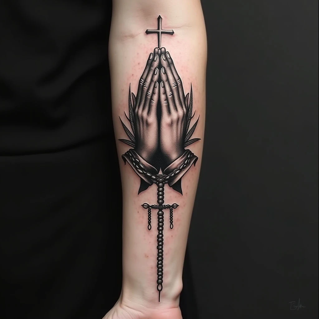 Praying Hands with Cross and Rosary Tattoo Design