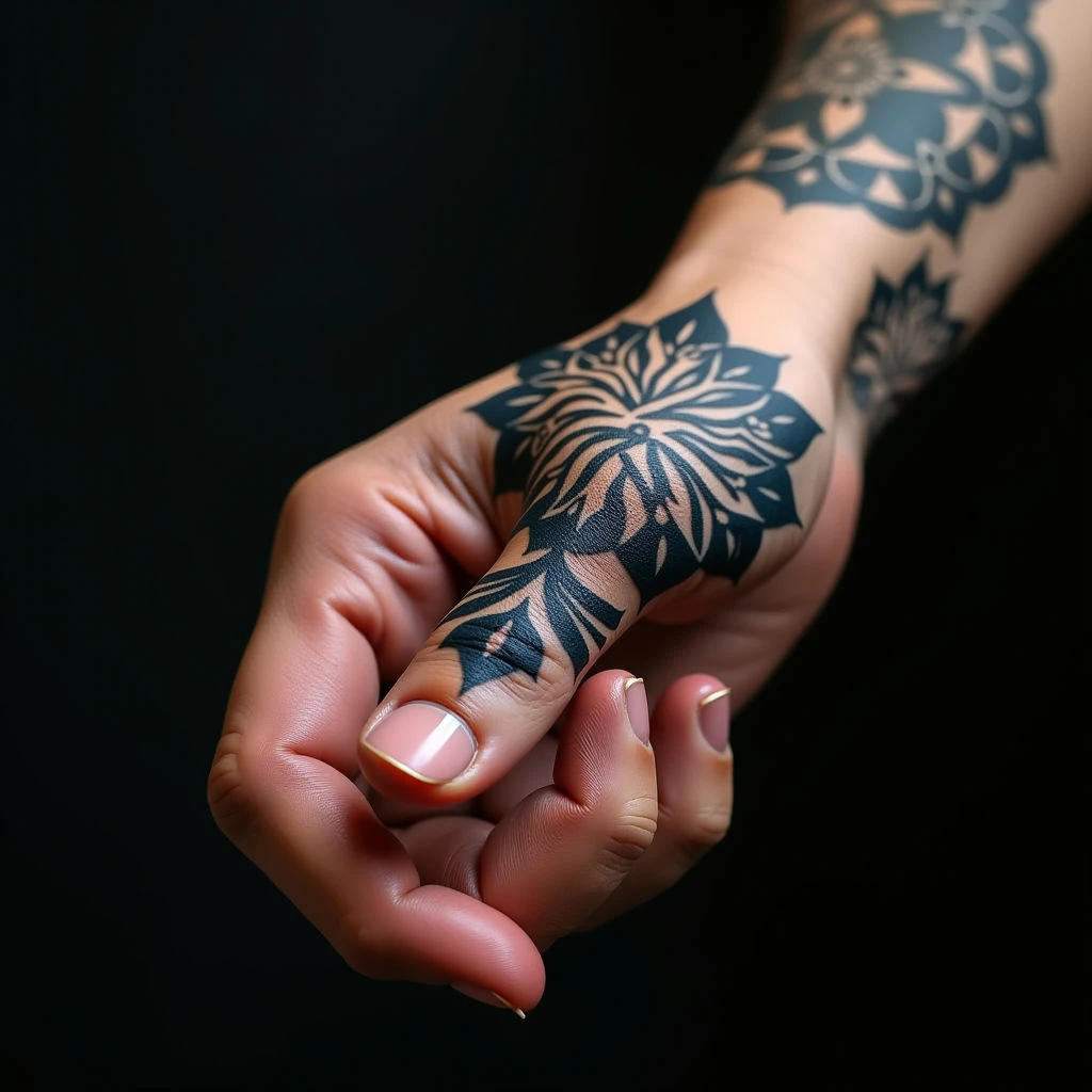 Bold Mandala Finger Tattoos in Black, Red & Blue - Inspiration Guide
