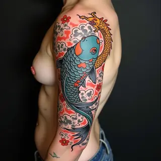 Dynamic Dragon and Koi Fish Sleeve Tattoo Design