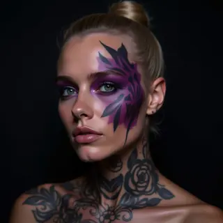 Face Tattoo Cover-Up: Black & Grey with Purple Accents