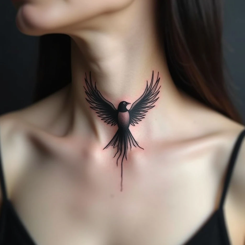 Traditional Neck Tattoo: A Bird in Flight
