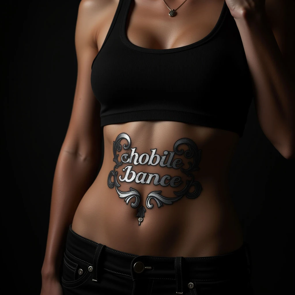 Subtle Biomechanical Kids' Names Tattoo for Dads - Stomach Design