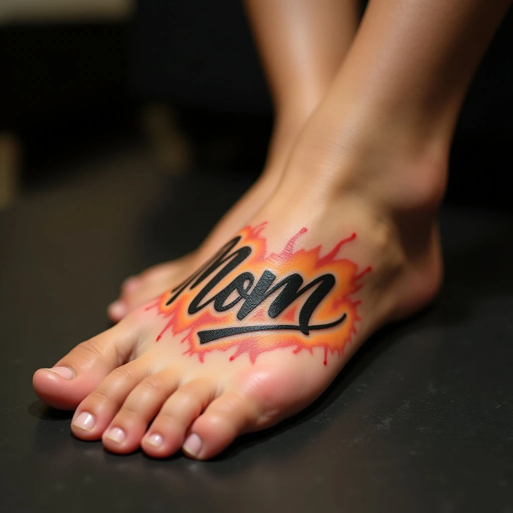 Sweet Foot Tattoos for Moms & Daughters: Calligraphy in Black, Red & Yellow