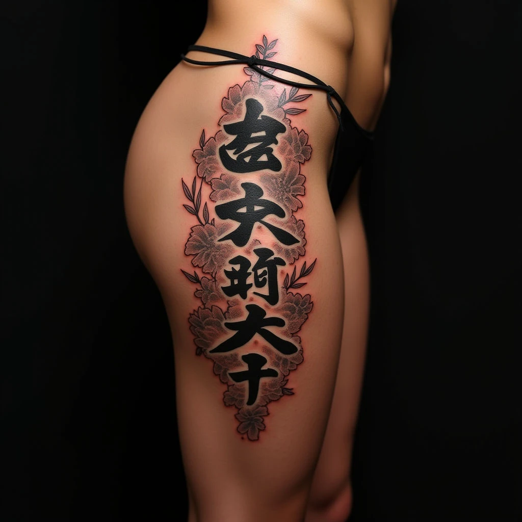 Elegant Daughter's Name Tattoo for Dad: Oriental Thigh Design Ideas