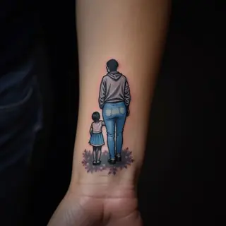 Delicate Blue Linework Mother & Child Wrist Tattoo Ideas
