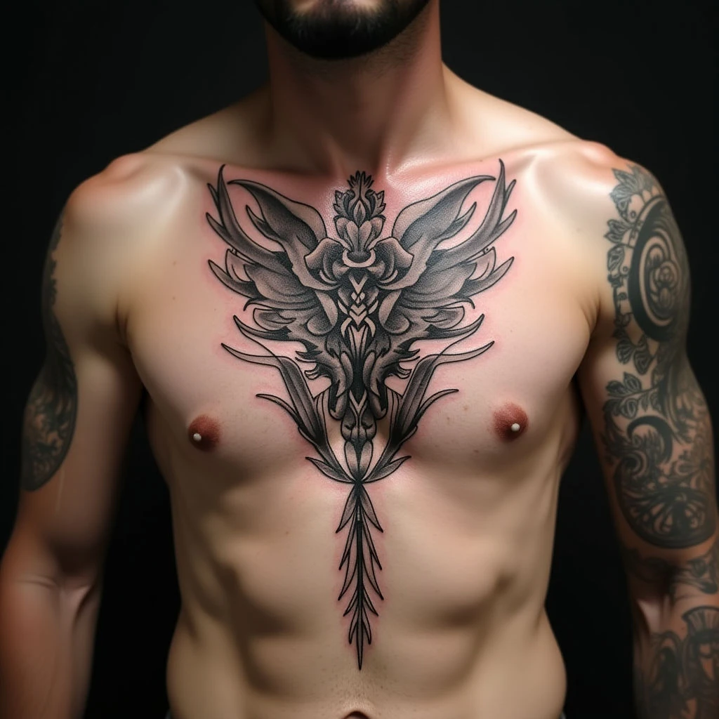 Small Sternum Tattoos for Boys: Blackwork & Pastel Designs