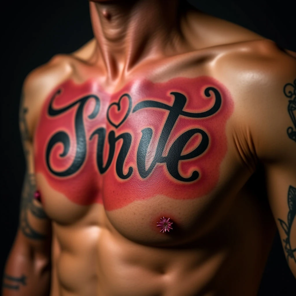 Powerful Father & Son Sternum Tattoos in Calligraphy (Red & Black)