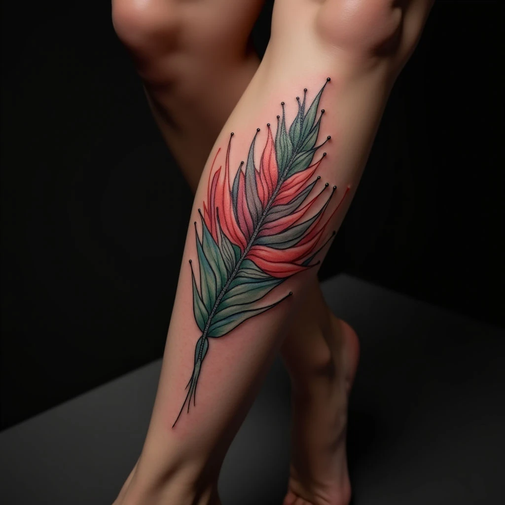 Delicate Fine Line Leg Tattoos: Blue & Green Inspiration