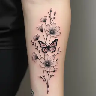 Delicate Floral and Butterfly Fine Line Tattoo