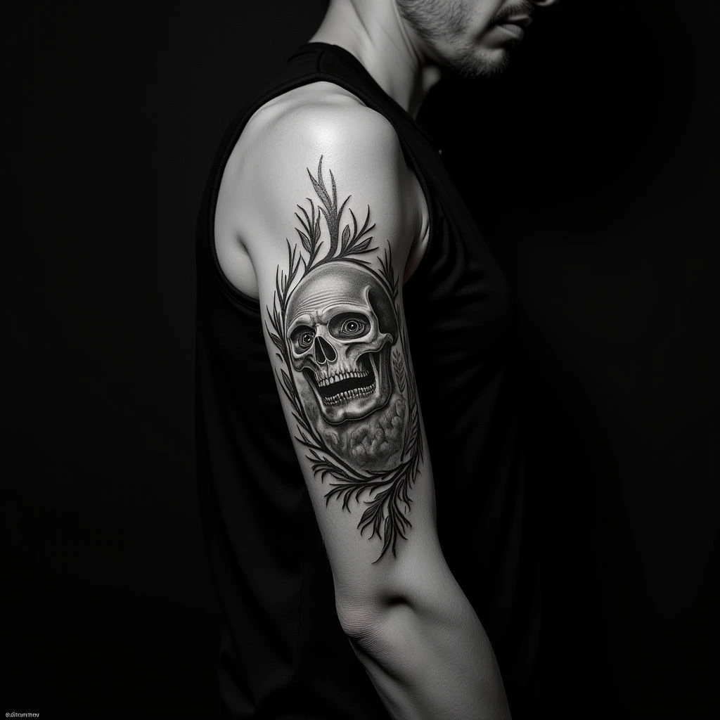 Classic Fine Line Old School Arm Tattoo in Grayscale
