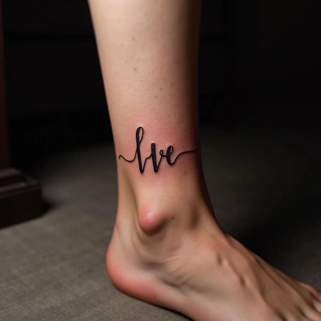 Elegant Ankle Lettering Tattoos in Fine Line & Brown Ink