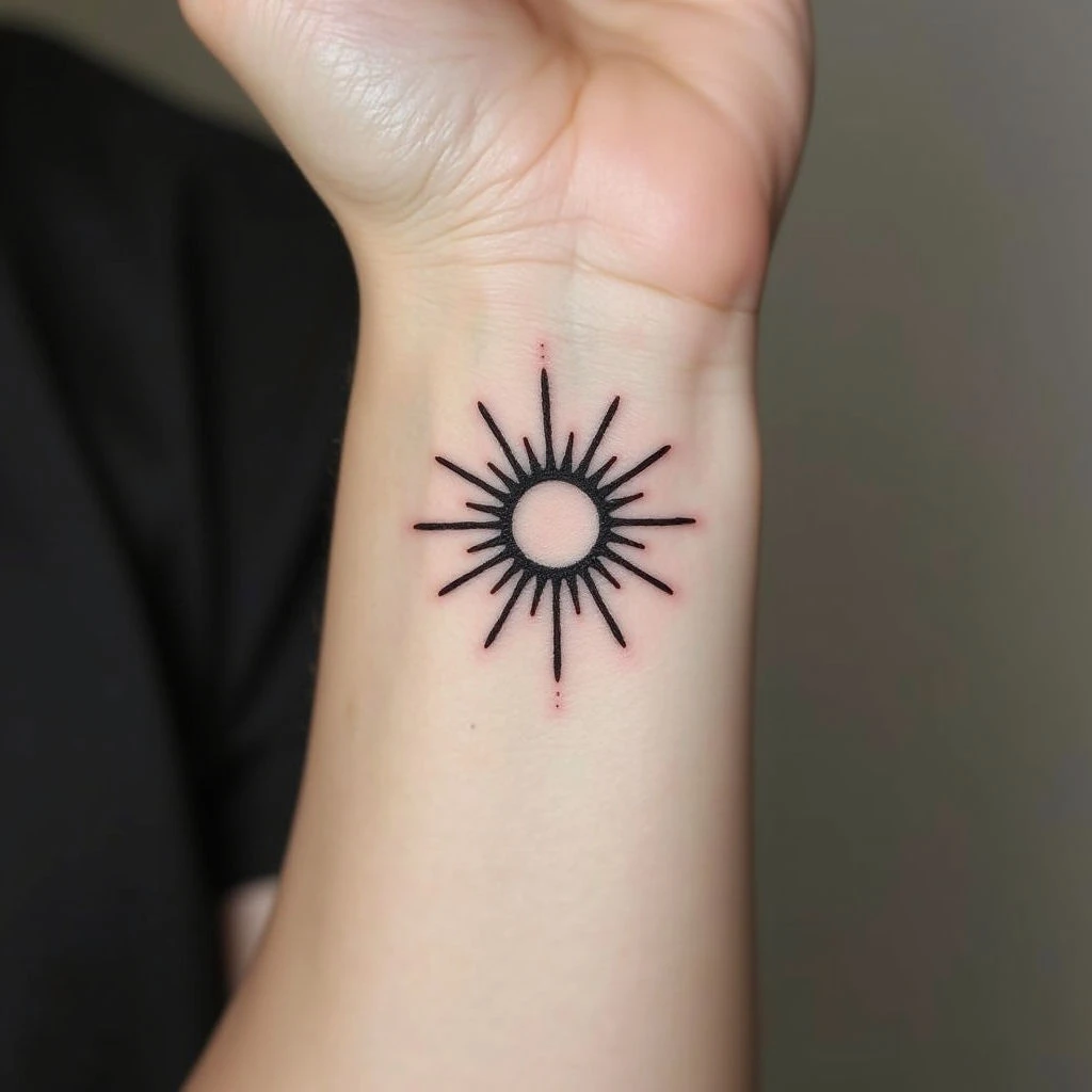 Minimalist Fine Line Sun Tattoo on Wrist