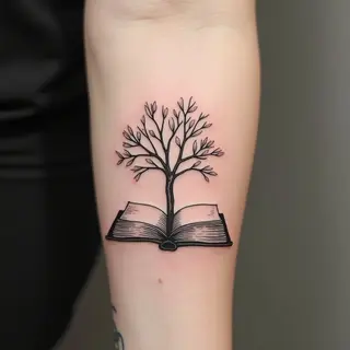 Delicate Book and Tree Fine Line Tattoo