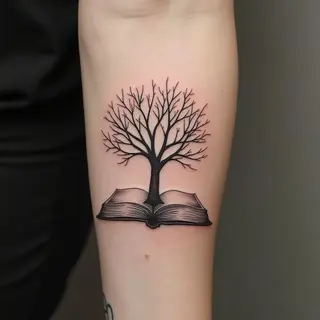 Delicate Book and Tree Fine Line Tattoo