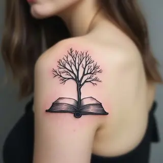 Delicate Book and Tree Fine Line Tattoo