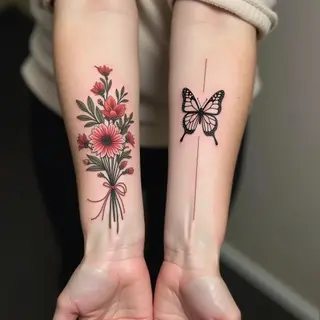 Delicate Floral Bouquet and Butterfly Fine Line Tattoos