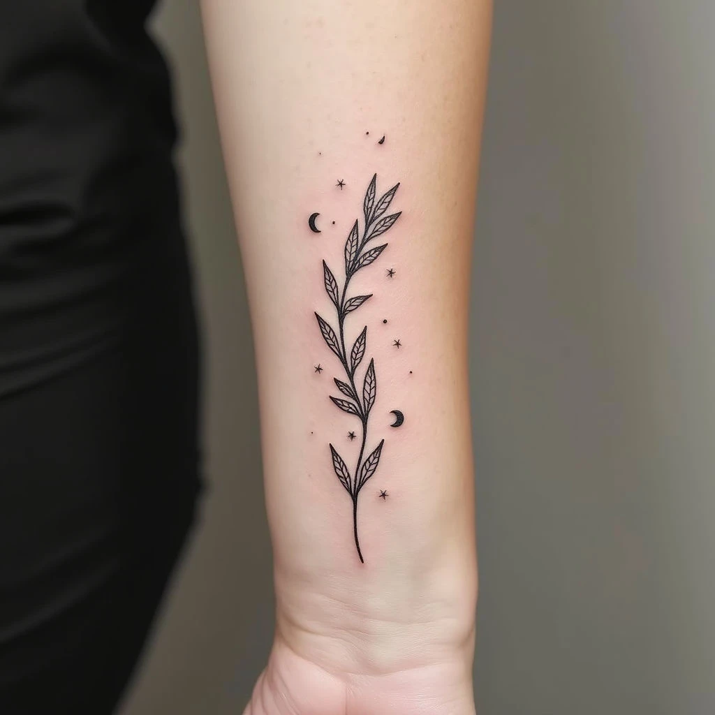 Delicate Celestial Plant Fine Line Tattoo