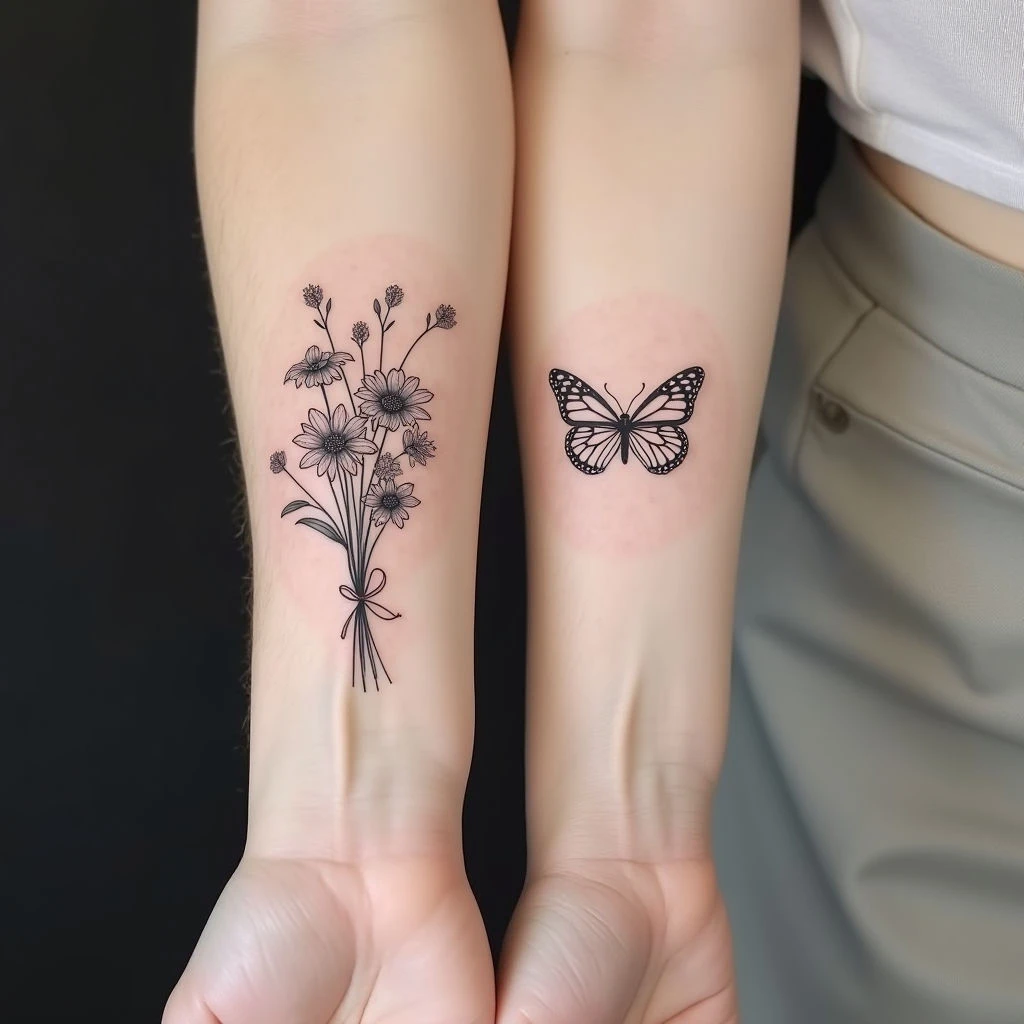 Delicate Floral and Butterfly Fine Line Tattoos