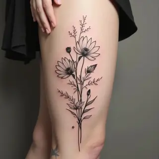 Delicate Floral Fine Line Tattoo on Calf