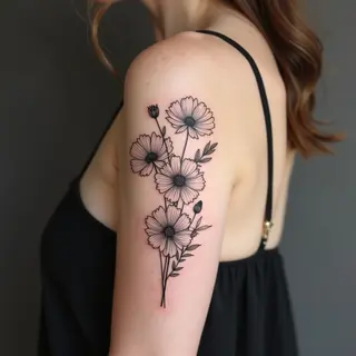 Elegant Healed Floral Fine Line Tattoo on Upper Arm