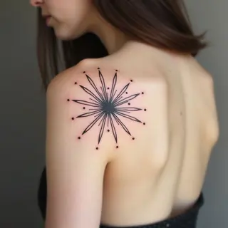 Healed Fine Line Celestial Tattoo on Shoulder