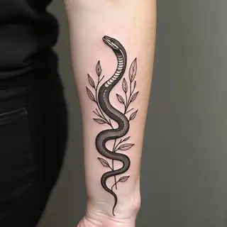 Healed Fine Line Snake and Foliage Tattoo on Forearm