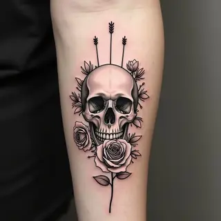 Fine Line Skull and Roses Tattoo with Arrows