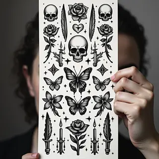 Flash Tattoo Sheet: Skulls, Roses & Symbolic Motifs