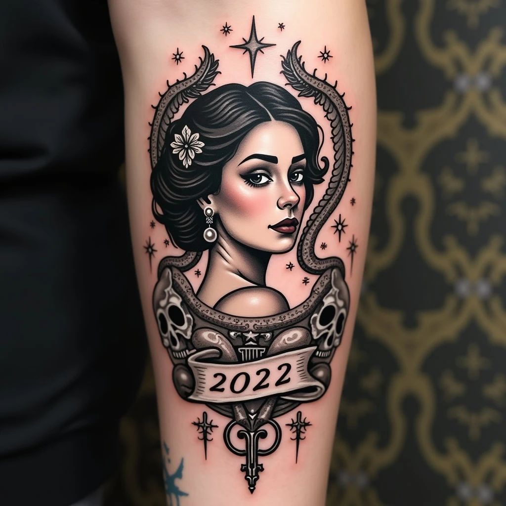 Traditional Flash Sheet Featuring a Portrait and Serpents