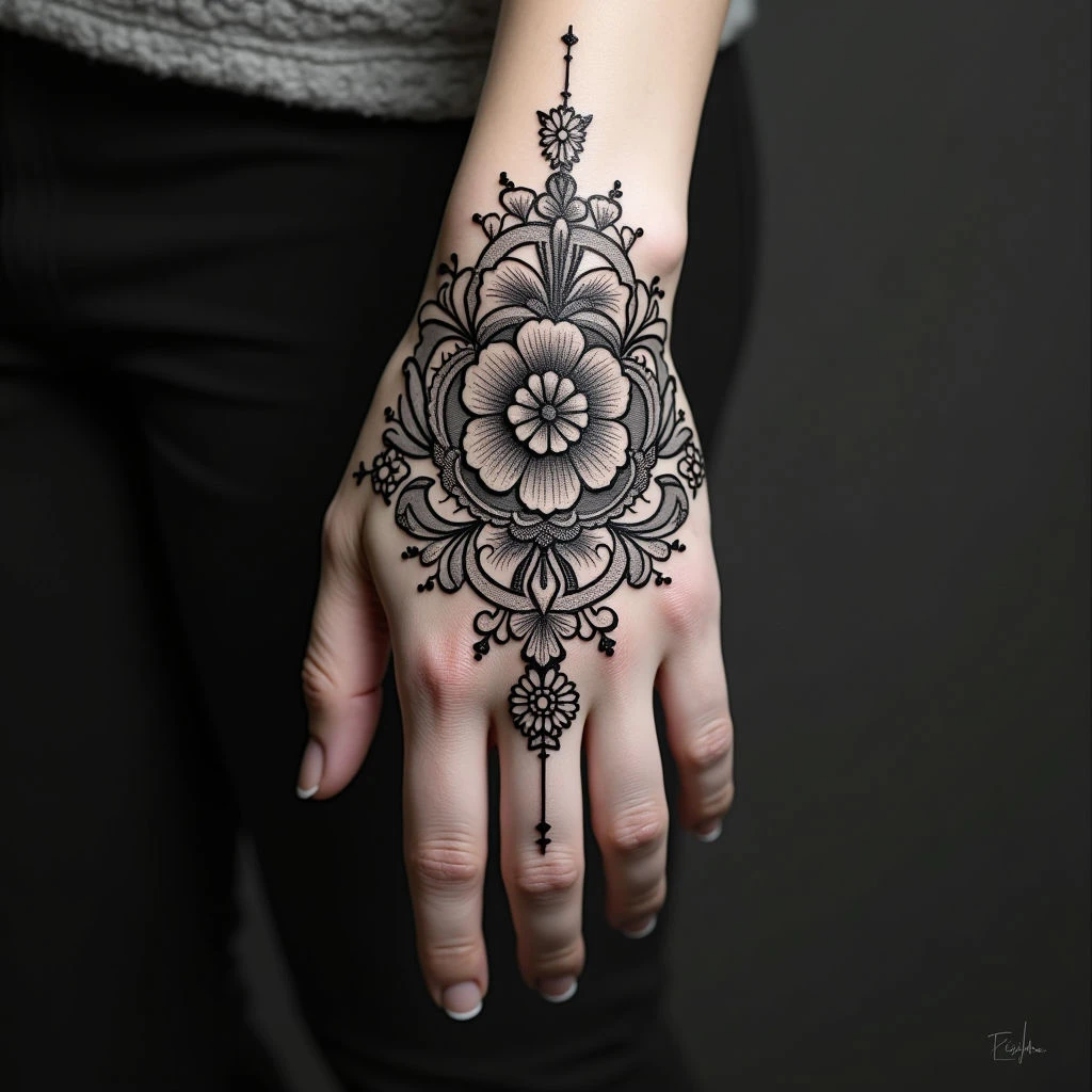 Intricate Floral and Geometric Hand Tattoo