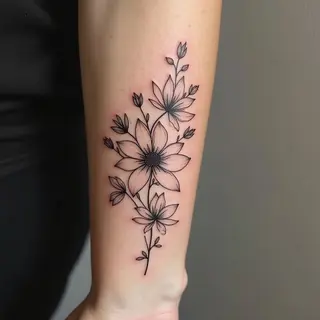 Delicate Floral Linework Tattoo on Forearm