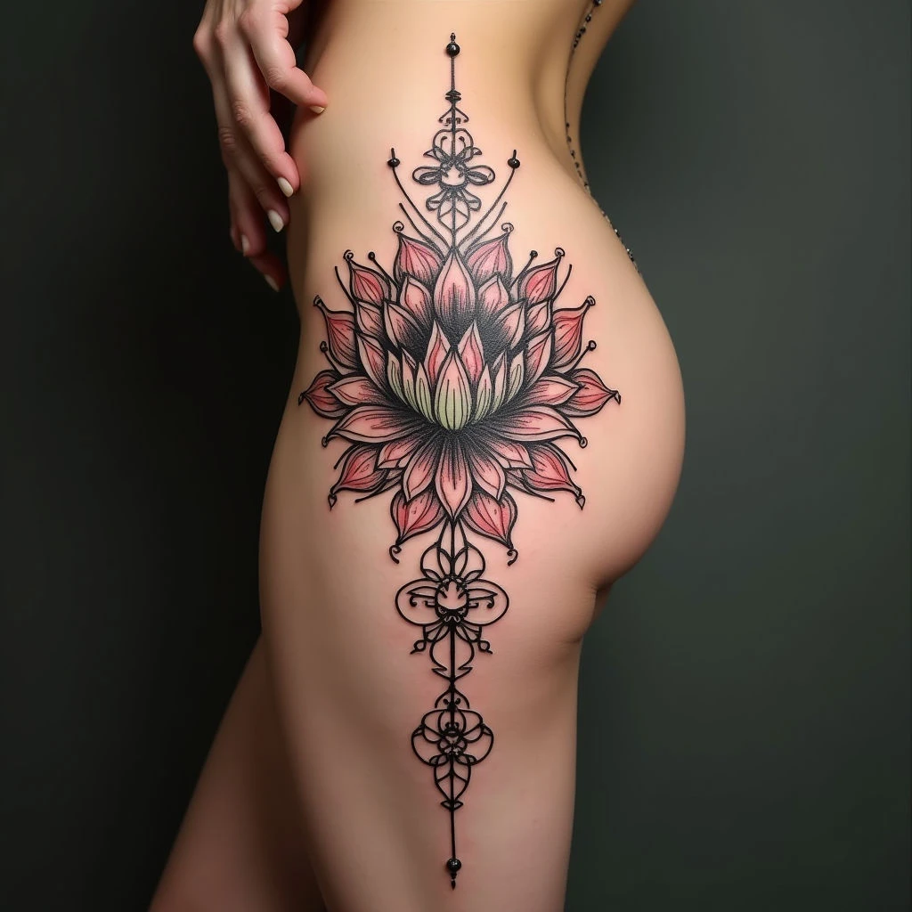 Intricate Floral Mandala Tattoo on Thigh