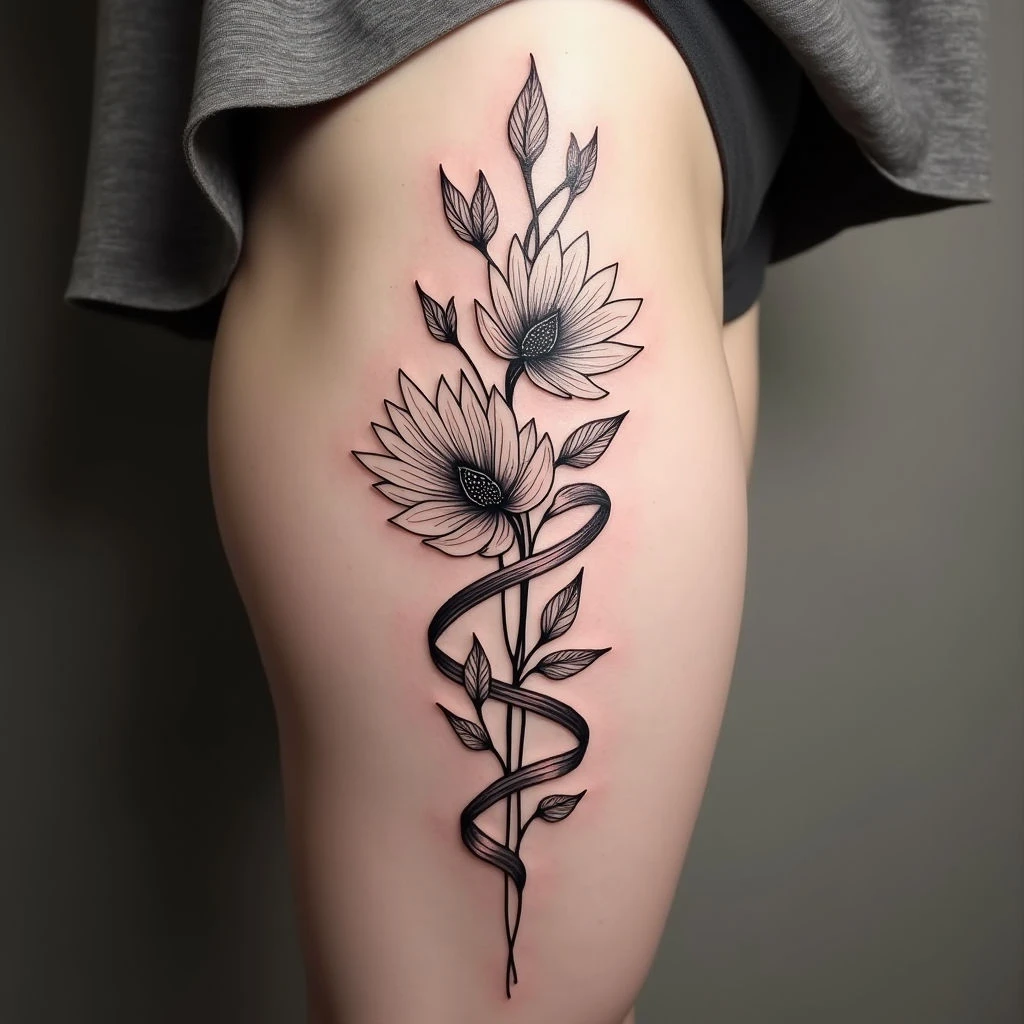 Elegant Floral and Ribbon Tattoo Design