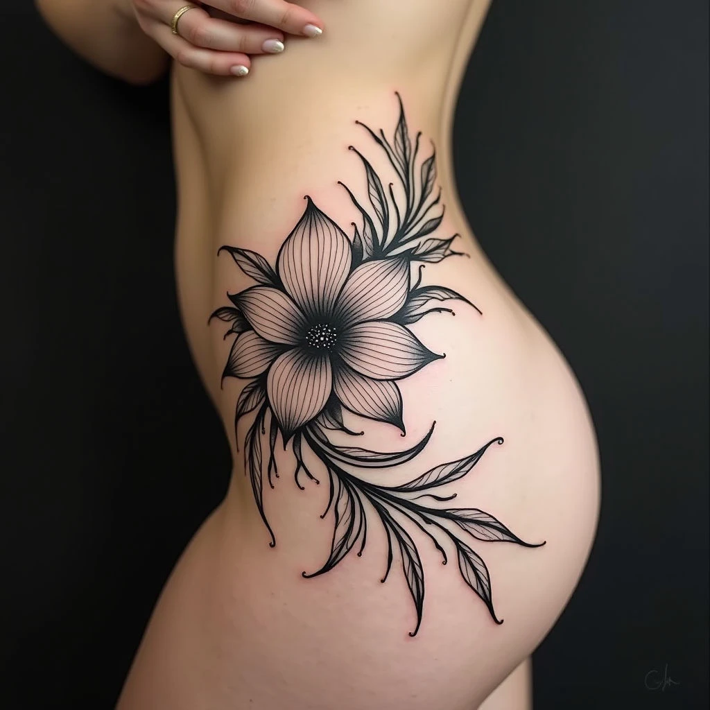 Elegant Blackwork Floral Hip Tattoo Design