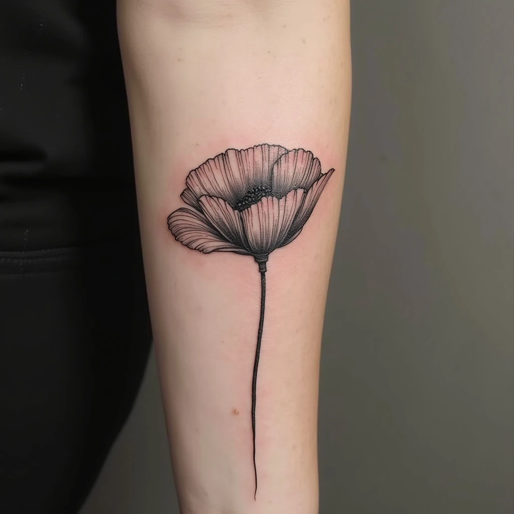 Delicate Blackwork Poppy Tattoo on Forearm